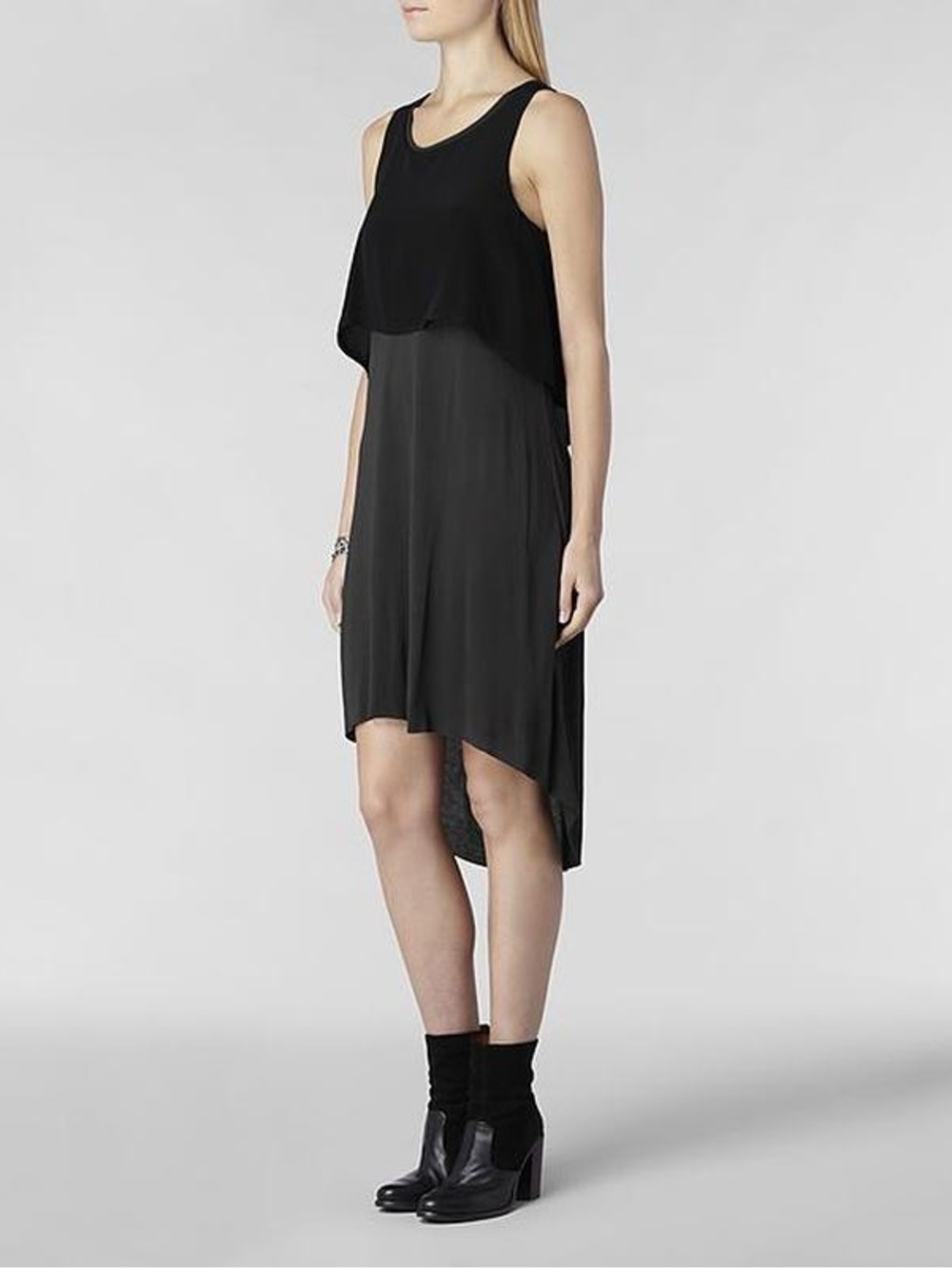 AllSaints Eubik High Low Overlay Shift Dress Size 10 Black Charcoal
